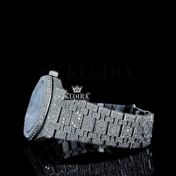 White Dial Black Stick Markers AP Fully Iced Out Moissanite Watch Left Side View