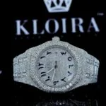 White Dial Blue Arabic Numerals Fully Iced Out Moissanite Diamond Watch