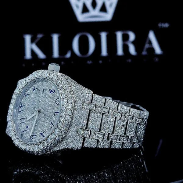 White Dial Blue Arabic Numerals Fully Iced Out Moissanite Diamond Watch Left Profile View