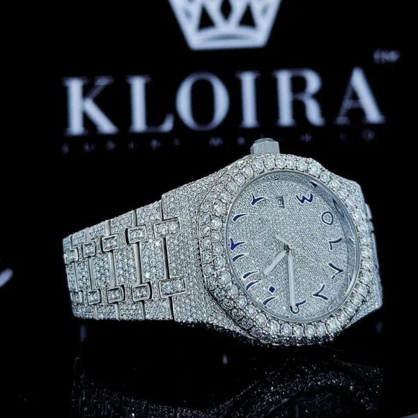 White Dial Blue Arabic Numerals Fully Iced Out Moissanite Diamond Watch Right Profile View