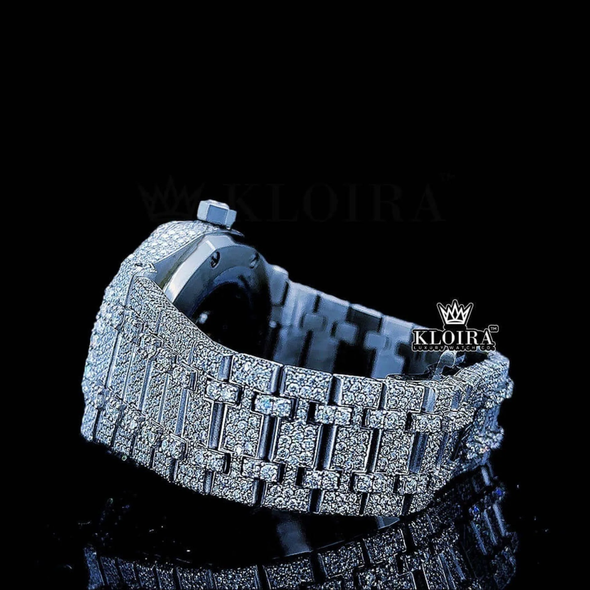 White Dial Blue Arabic Numerals Fully Iced Out Natural Diamond Watch Bracelet View