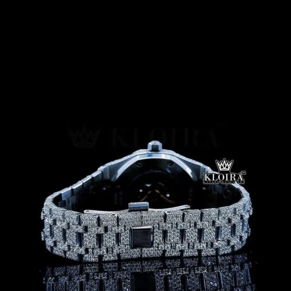 White Dial Blue Arabic Numerals Fully Iced Out Natural Diamond Watch Caseback View