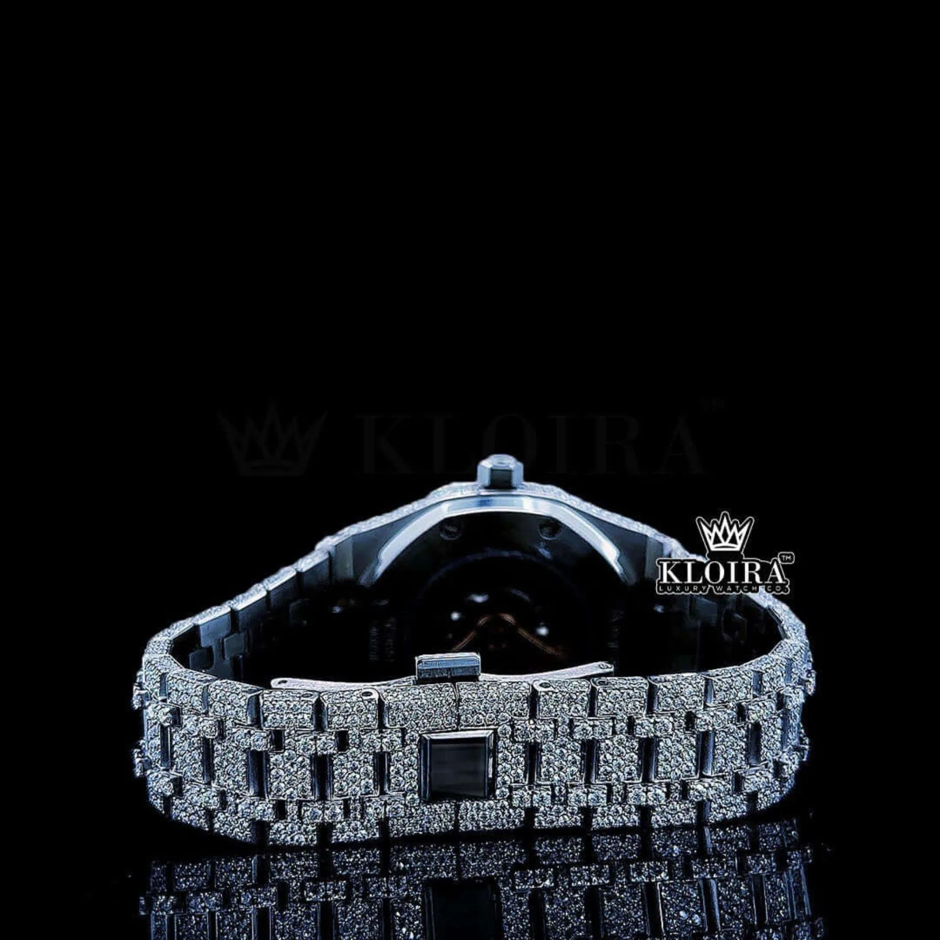 White Dial Blue Arabic Numerals Fully Iced Out Natural Diamond Watch Caseback View