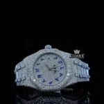 White Dial Blue Arabic Numerals Fully Iced Out Natural Diamond Watch