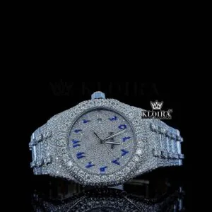 White Dial Blue Arabic Numerals Fully Iced Out Natural Diamond Watch