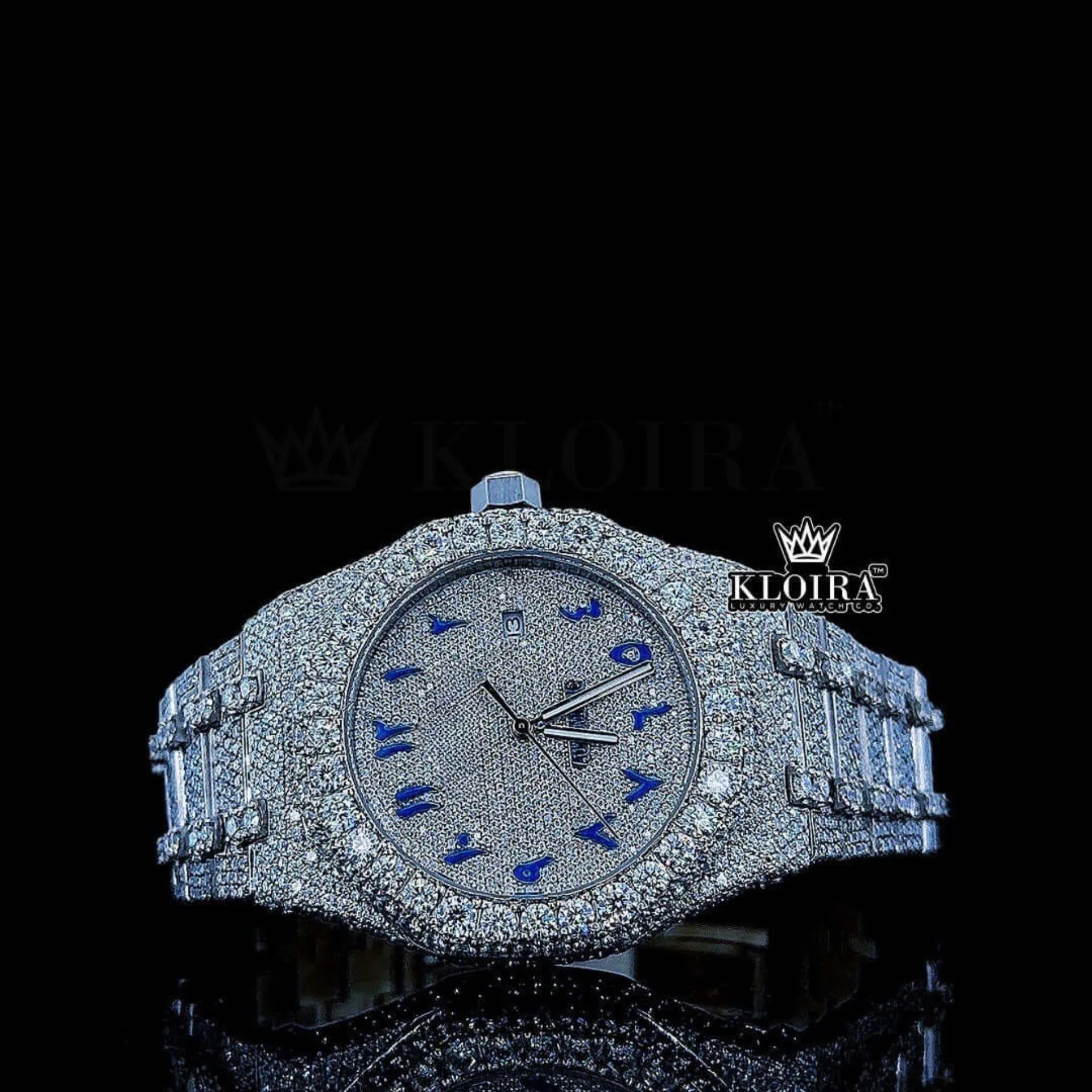 White Dial Blue Arabic Numerals Fully Iced Out Natural Diamond Watch Front View