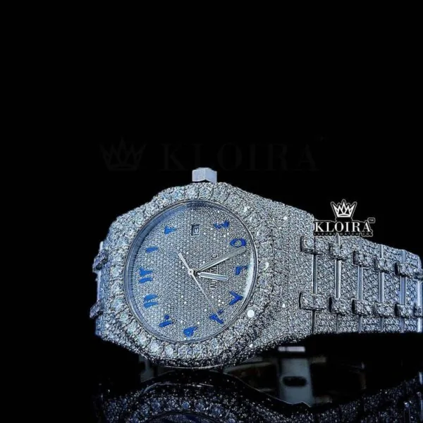 White Dial Blue Arabic Numerals Fully Iced Out Natural Diamond Watch Left Profile View