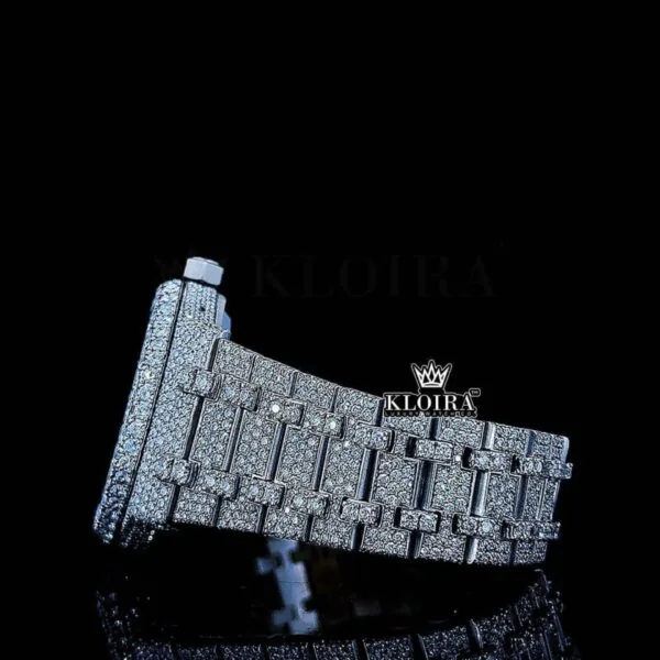 White Dial Blue Arabic Numerals Fully Iced Out Natural Diamond Watch Left Side Bracelet View