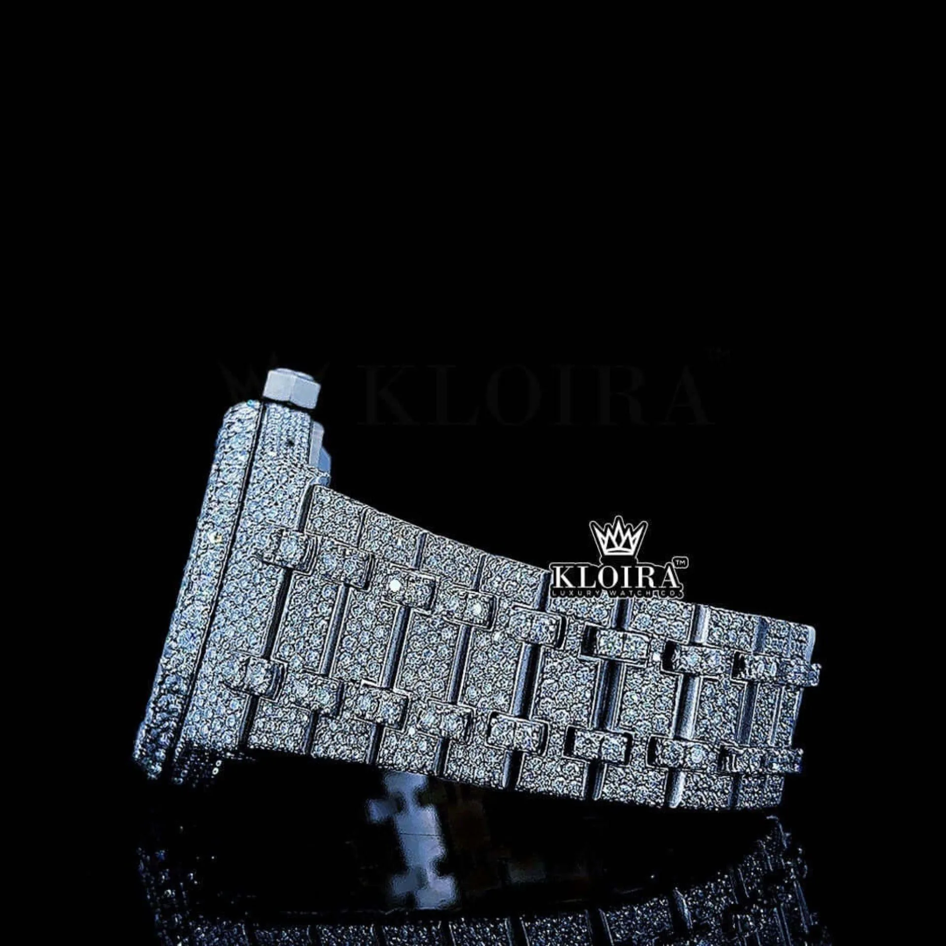 White Dial Blue Arabic Numerals Fully Iced Out Natural Diamond Watch Left Side Bracelet View