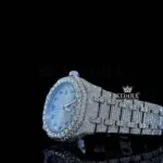 White Dial Blue Arabic Numerals Fully Iced Out Natural Diamond Watch Left Side View