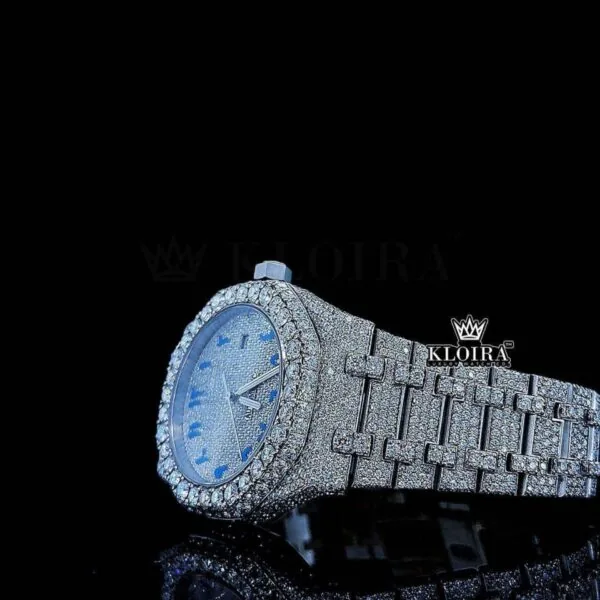 White Dial Blue Arabic Numerals Fully Iced Out Natural Diamond Watch Left Side View