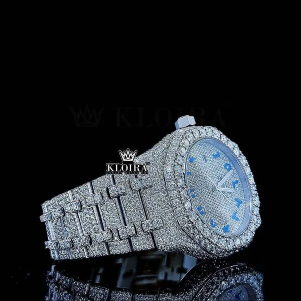 White Dial Blue Arabic Numerals Fully Iced Out Natural Diamond Watch Right Side View