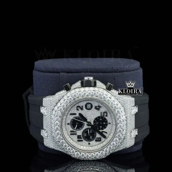 White Dial Chronograph Black Rubber Strap Semi Iced Out Moissanite Watch Close Up Front View