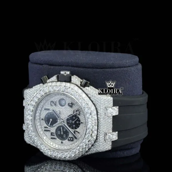 White Dial Chronograph Black Rubber Strap Semi Iced Out Moissanite Watch Left Profile View