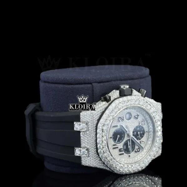 White Dial Chronograph Black Rubber Strap Semi Iced Out Moissanite Watch Right Profile View