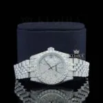 White Dial Diamond Markers Date Display Fully Iced Out Moissanite Watch Close Up Front View