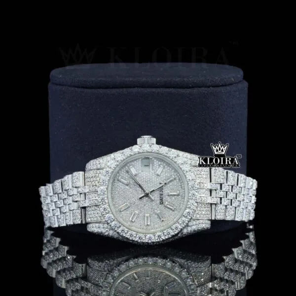 White Dial Diamond Markers Date Display Fully Iced Out Moissanite Watch Close Up Front View