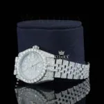 White Dial Diamond Markers Date Display Fully Iced Out Moissanite Watch Laft Profile View