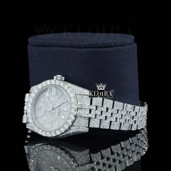 White Dial Diamond Markers Date Display Fully Iced Out Moissanite Watch Laft Profile View