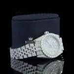 White Dial Diamond Markers Date Display Fully Iced Out Moissanite Watch Right Profile View