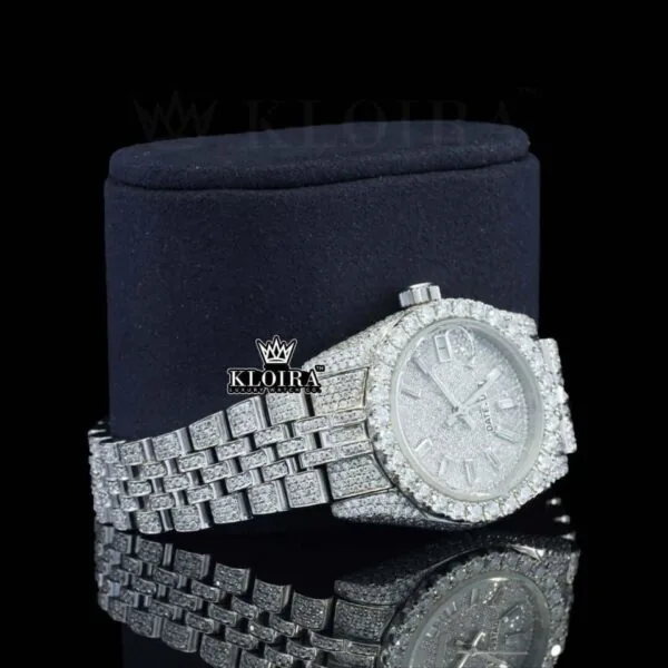 White Dial Diamond Markers Date Display Fully Iced Out Moissanite Watch Right Profile View