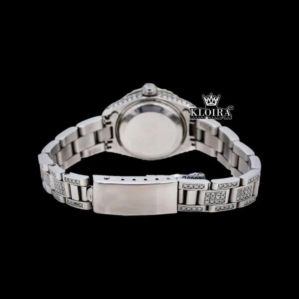 White Dial Diamond Markers Date Display Moissanite Diamond Watch Case Back View