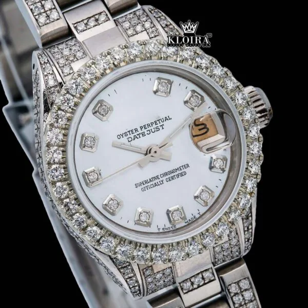 White Dial Diamond Markers Date Display Moissanite Diamond Watch Close Up View