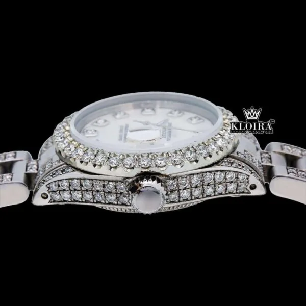 White Dial Diamond Markers Date Display Moissanite Diamond Watch Crown View