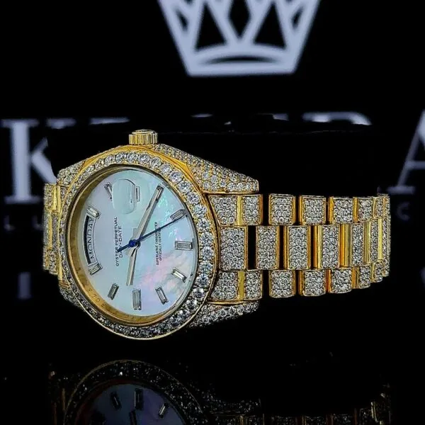 White Dial Diamond Markers Fully Iced Out Moissanite Diamond Watch Left Profile View