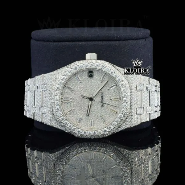 White Dial Diamond Markers Fully Iced Out Moissanite Watch Close Up Front View
