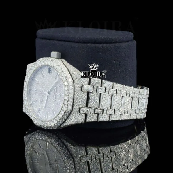 White Dial Diamond Markers Fully Iced Out Moissanite Watch Laft Profile View