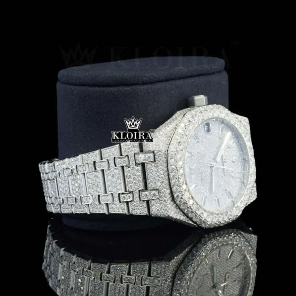 White Dial Diamond Markers Fully Iced Out Moissanite Watch Right Profile View