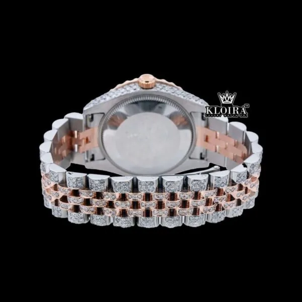 White Dial Diamond Markers Two Tone Iced Out Moissanite Watch Caseback View