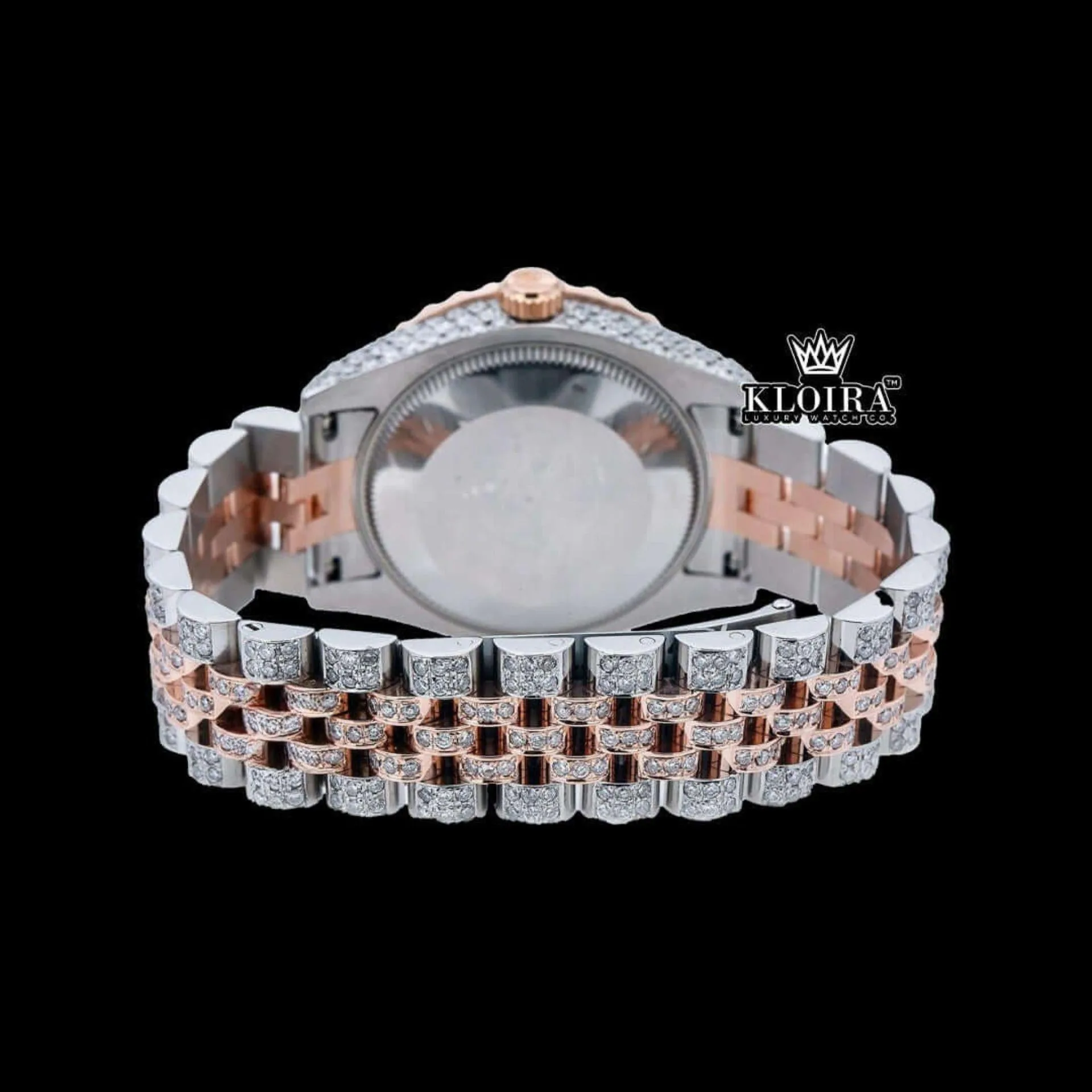White Dial Diamond Markers Two Tone Iced Out Moissanite Watch Caseback View