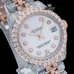 White Dial Diamond Markers Two Tone Iced Out Moissanite Watch Close Up Dial View