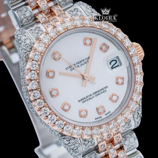 White Dial Diamond Markers Two Tone Iced Out Moissanite Watch Close Up Dial View