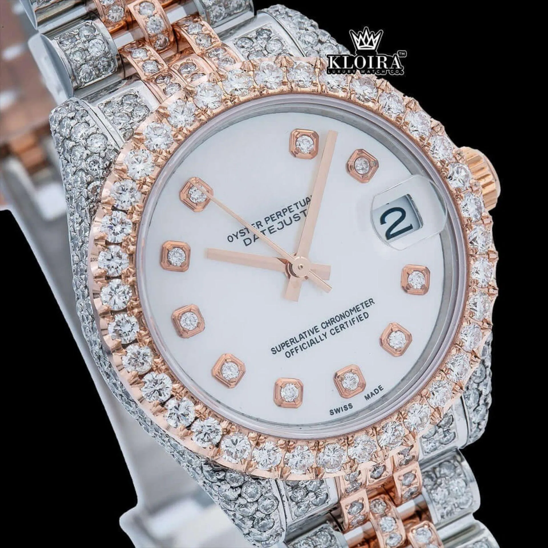White Dial Diamond Markers Two Tone Iced Out Moissanite Watch Close Up Dial View