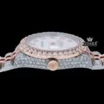 White Dial Diamond Markers Two Tone Iced Out Moissanite Watch Crown View