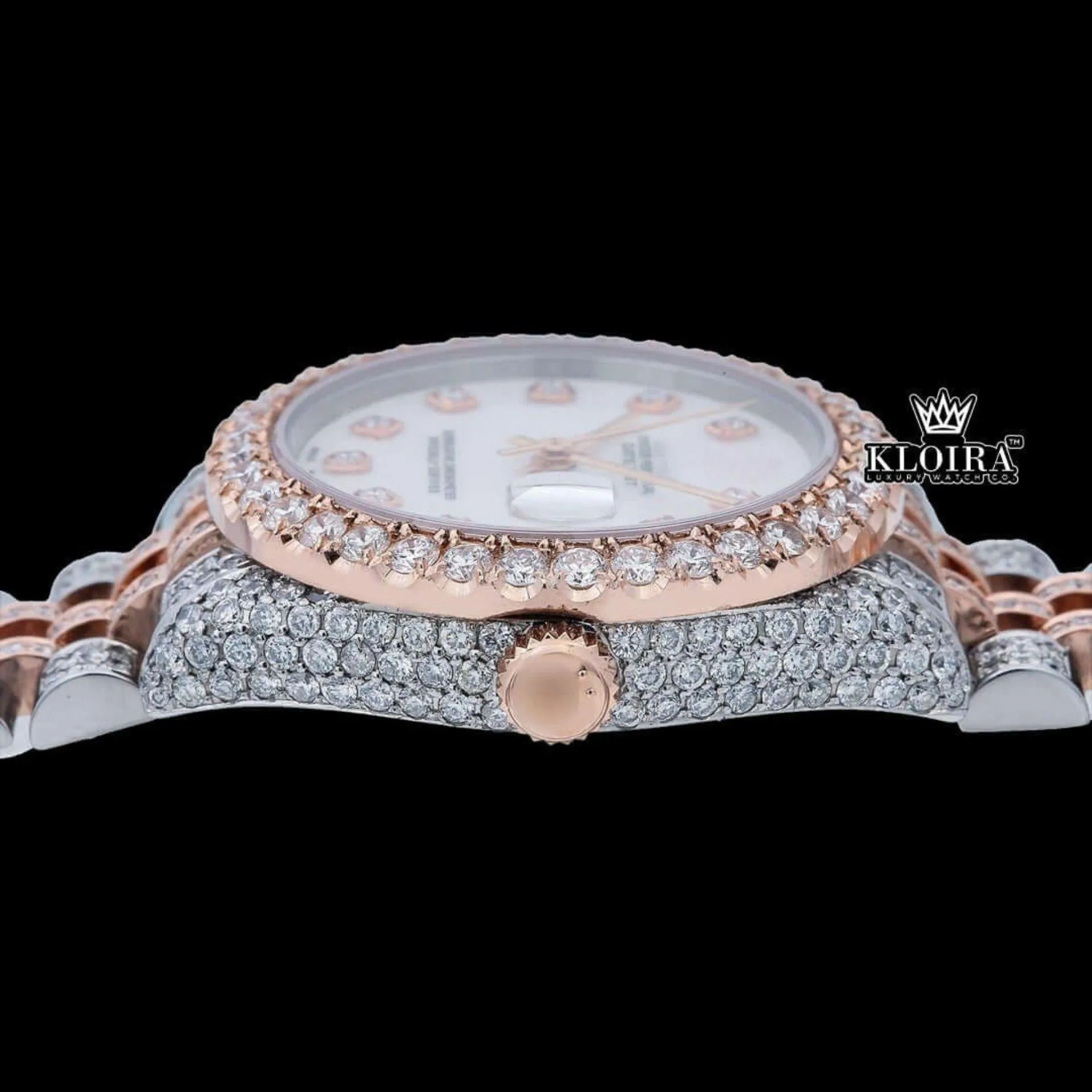 White Dial Diamond Markers Two Tone Iced Out Moissanite Watch Crown View