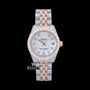 White Dial Diamond Markers Two Tone Iced Out Moissanite Watch