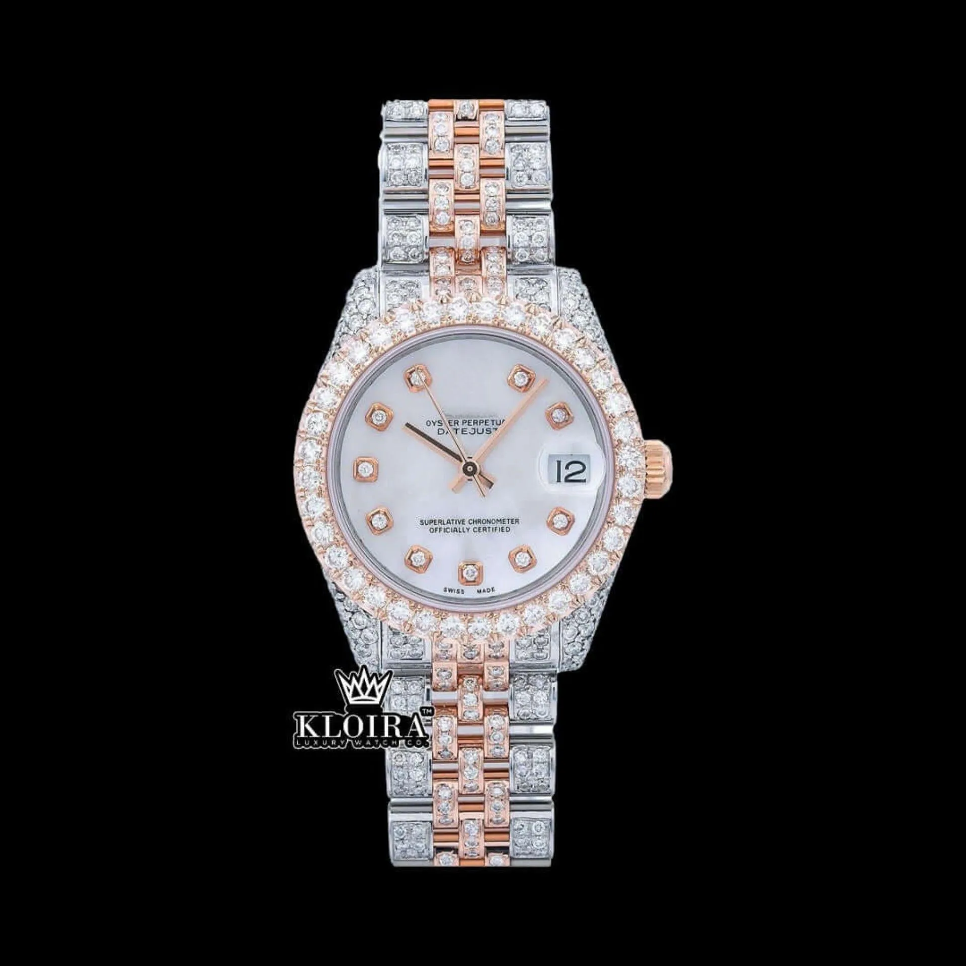 White Dial Diamond Markers Two Tone Iced Out Moissanite Watch Front View