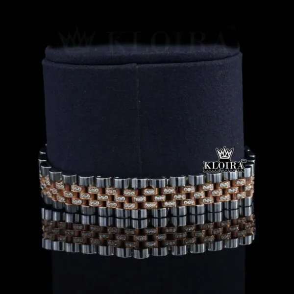 White Dial Diamond Markers Two Tone Rose Gold Strap Moissanite Watch Bracelet View
