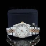 White Dial Diamond Markers Two Tone Rose Gold Strap Moissanite Watch Close Up Front View