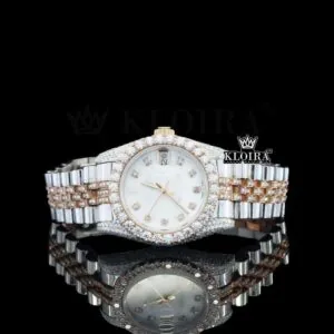 White Dial Diamond Markers Two Tone Rose Gold Strap Moissanite Watch
