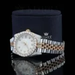 White Dial Diamond Markers Two Tone Rose Gold Strap Moissanite Watch Left Profile View