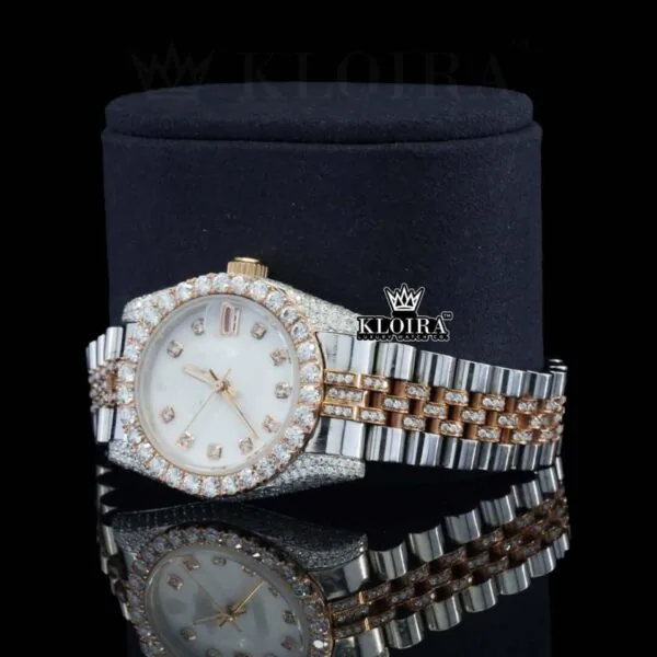 White Dial Diamond Markers Two Tone Rose Gold Strap Moissanite Watch Left Profile View