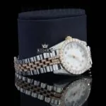 White Dial Diamond Markers Two Tone Rose Gold Strap Moissanite Watch Right Profile View