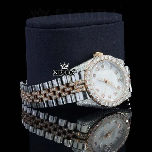 White Dial Diamond Markers Two Tone Rose Gold Strap Moissanite Watch Right Profile View