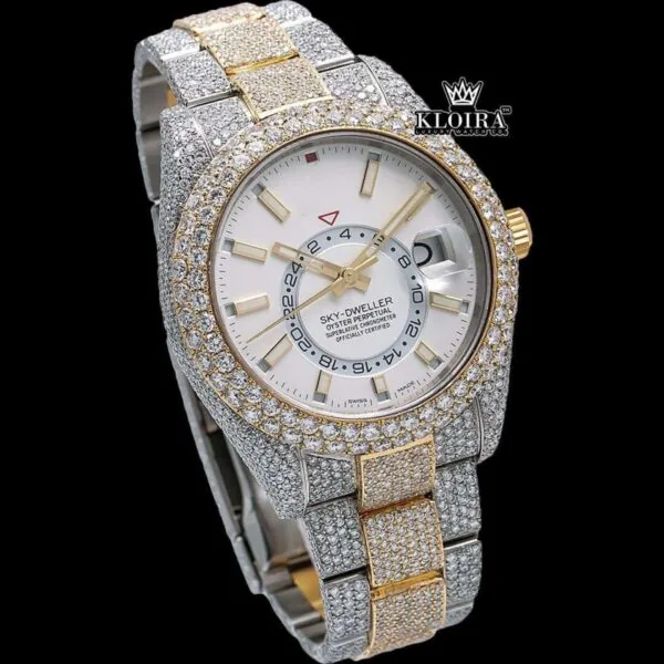 White Dial Dual Time Two Tone Moissanite Diamond Watch Close Up Dial View