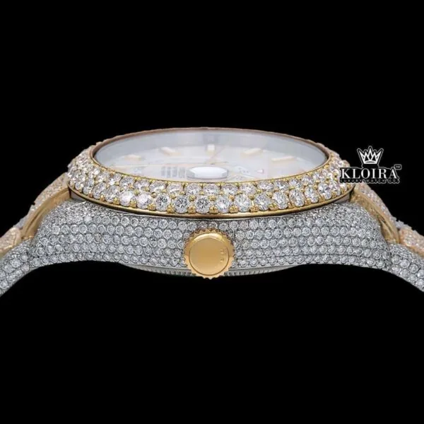 White Dial Dual Time Two Tone Moissanite Diamond Watch Crown View